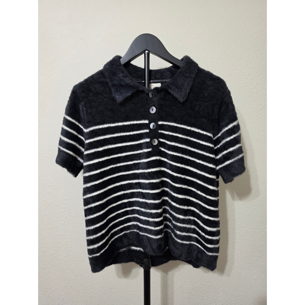 A New Day Womens Black White Striped Fuzzy Eyelash Knit Polo Sweater XL NWT